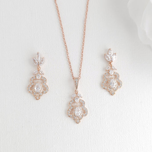 Rose Gold Retro Vintage Jewellery Set (Earrings & Necklace) - Norma