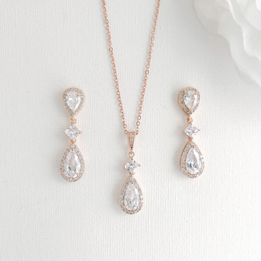 Necklace Set in Rose Gold of Weddings with Matching CZ Earrings - Lena