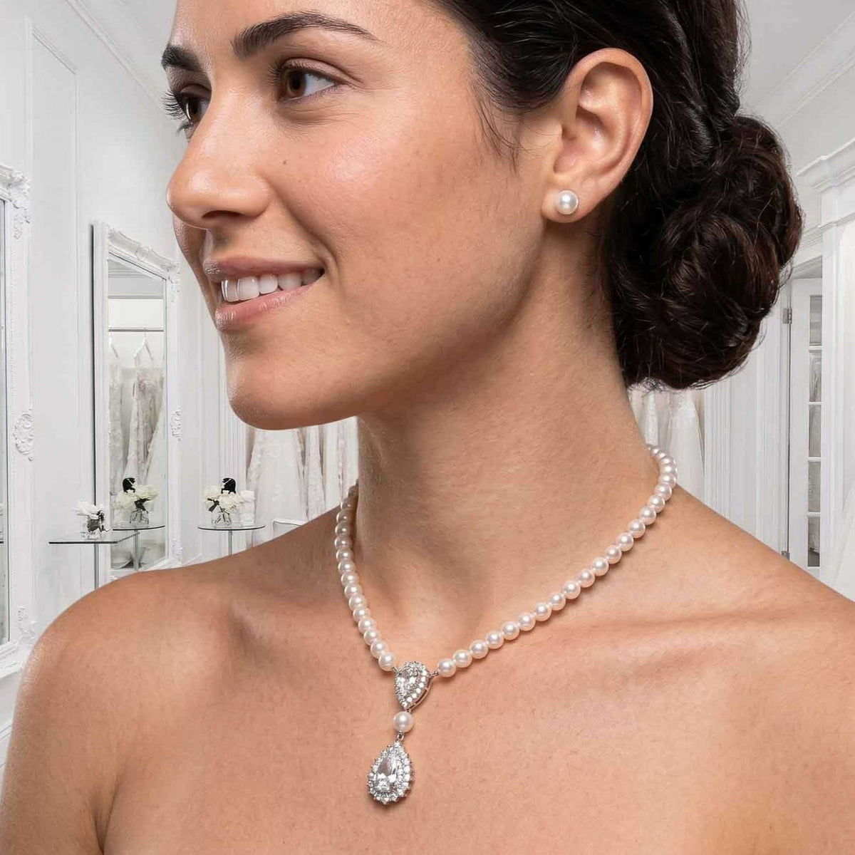 Bridal Pearl Strand and Teardrop CZ Pendant Necklace - Raya
