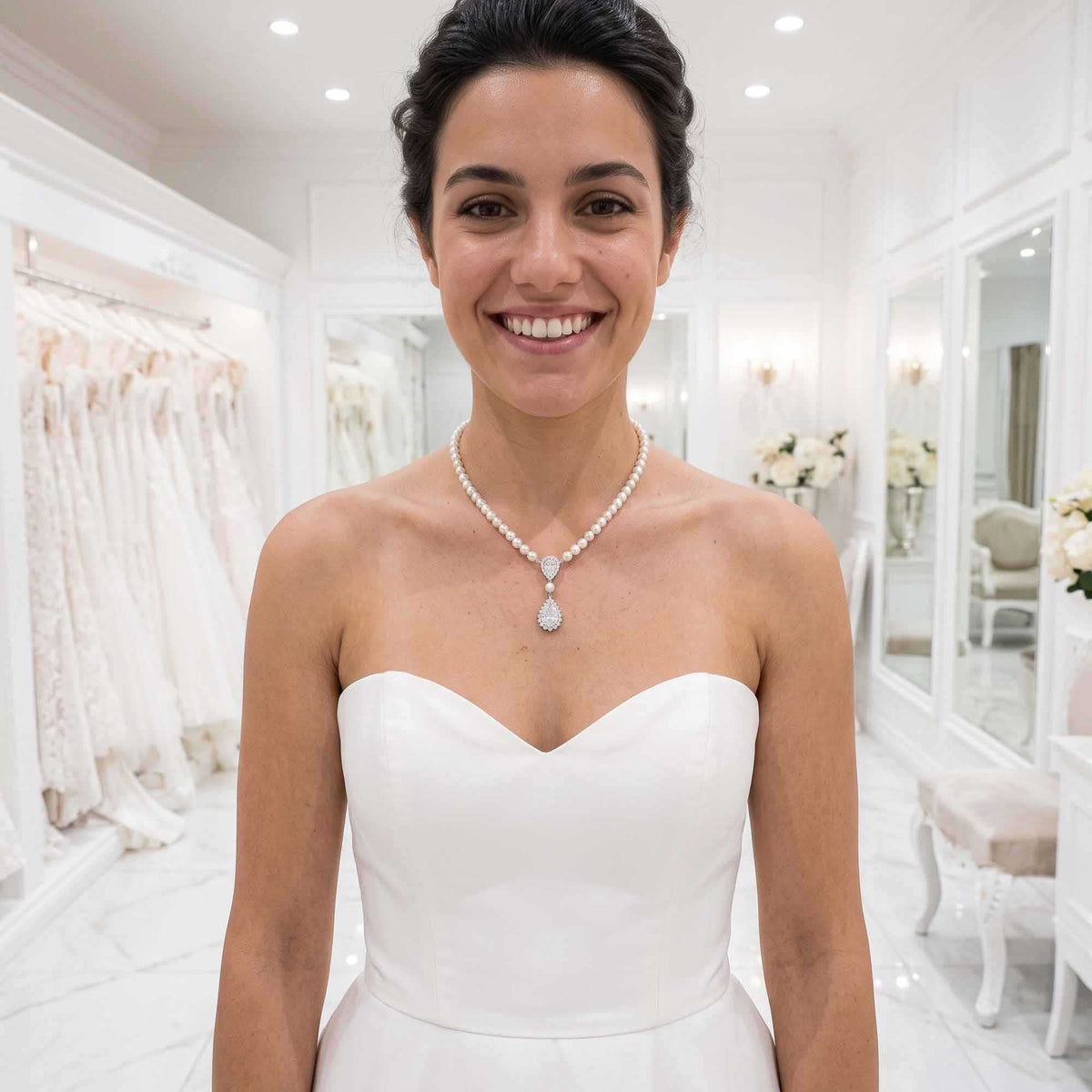 Bridal Pearl Strand and Teardrop CZ Pendant Necklace - Raya