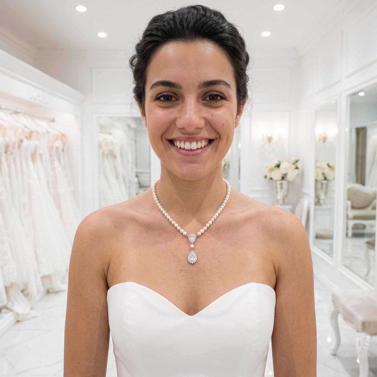 Bridal Pearl Strand and Teardrop CZ Pendant Necklace - Raya
