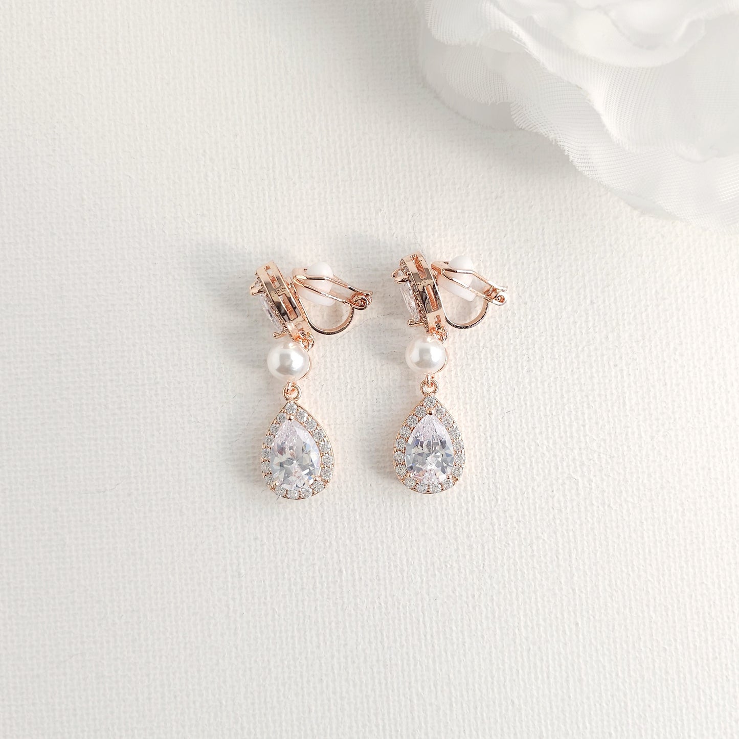 Gold Clip On Earrings with CZ Teardrops and Ivory Pearls- Emma