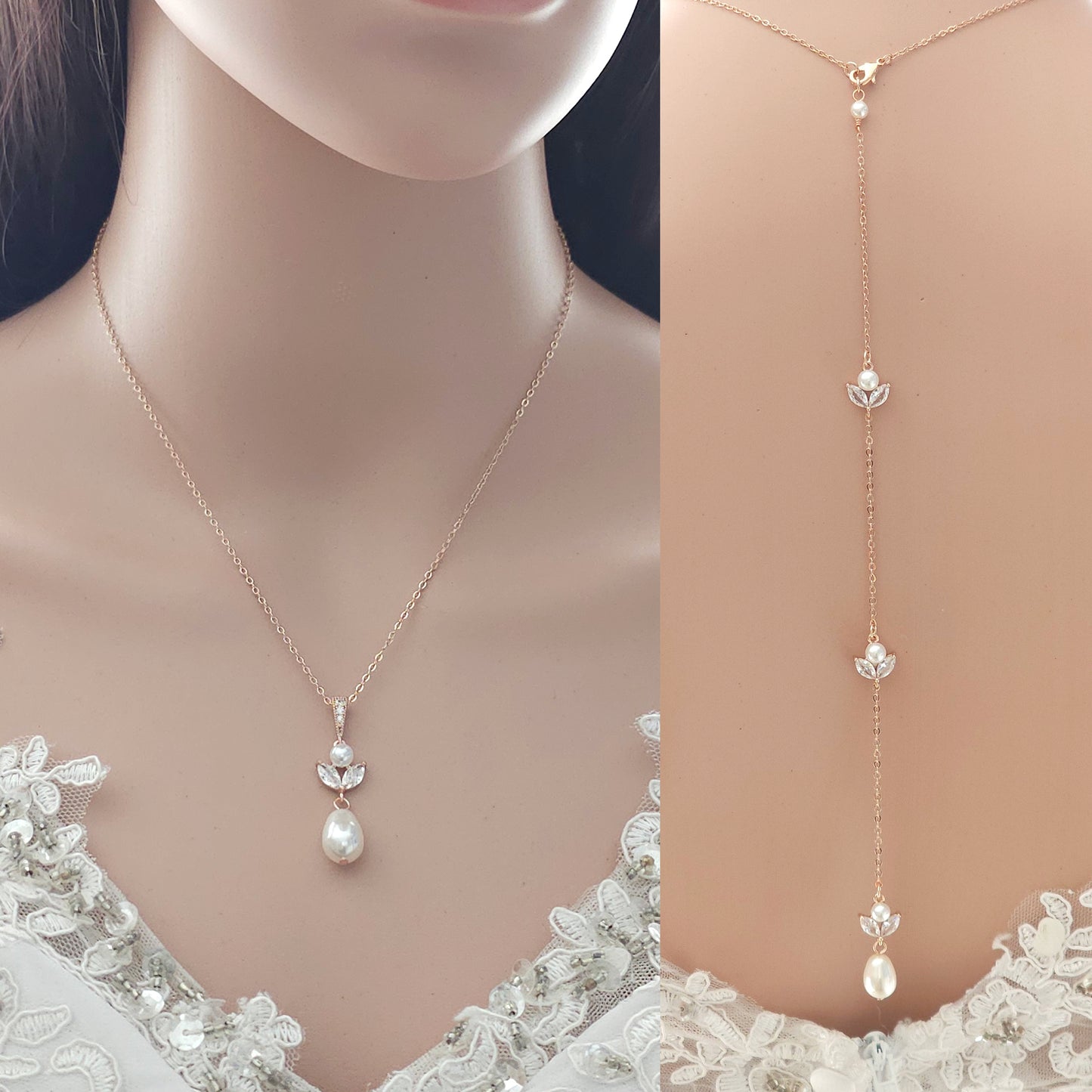 Simple Wedding Pearl Pendant Necklace with Backdrop in Gold-Leila