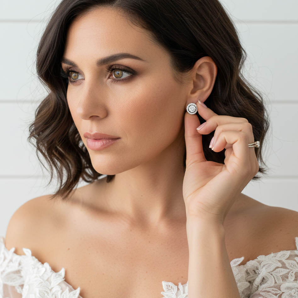 Gold Round Stud Earrings in Cubic Zirconia- Denise