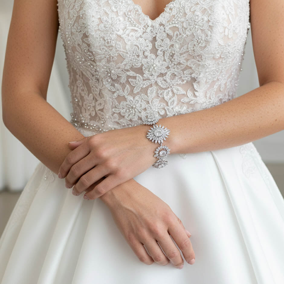 Bold Statement Bracelet in Silver and Cubic Zirconia-Samantha