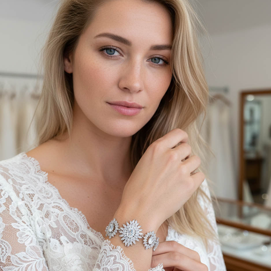 Bold Statement Bracelet in Silver and Cubic Zirconia-Samantha