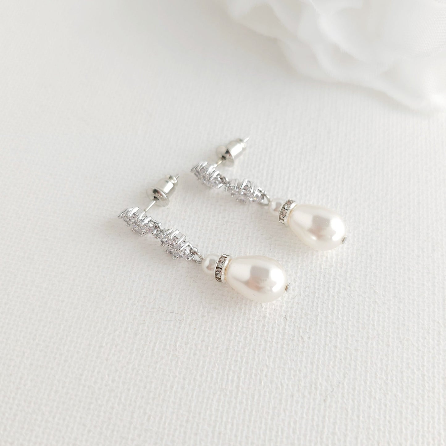 Silver Clover Crystal & Pearl Drop Earrings - Olive