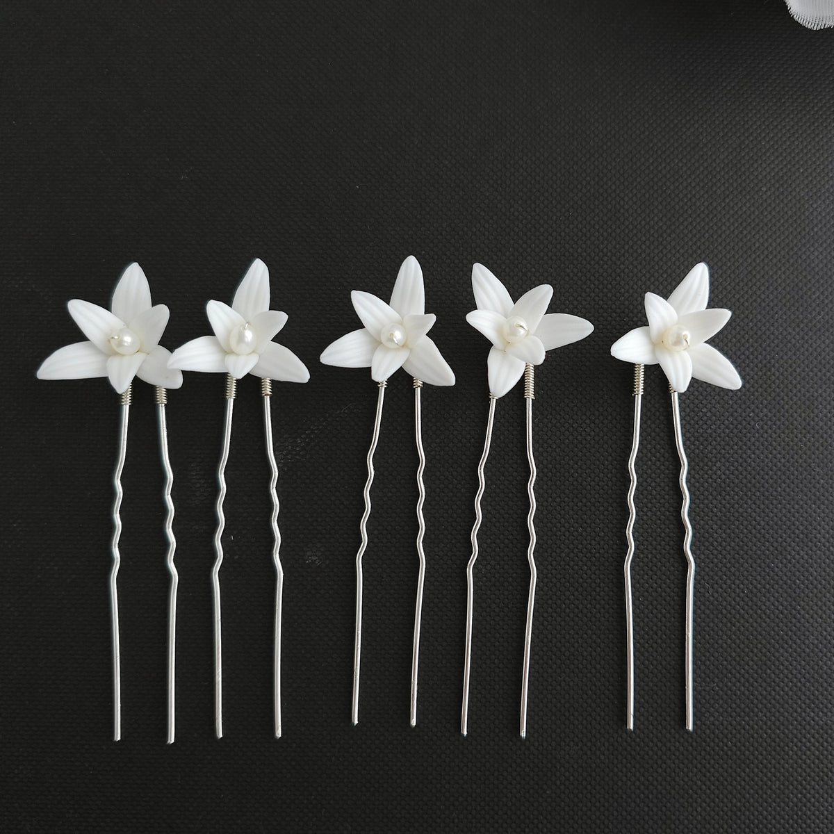 White Flower Wedding Hair Pins 5-Piece Set in Silver and Gold - Jasmine