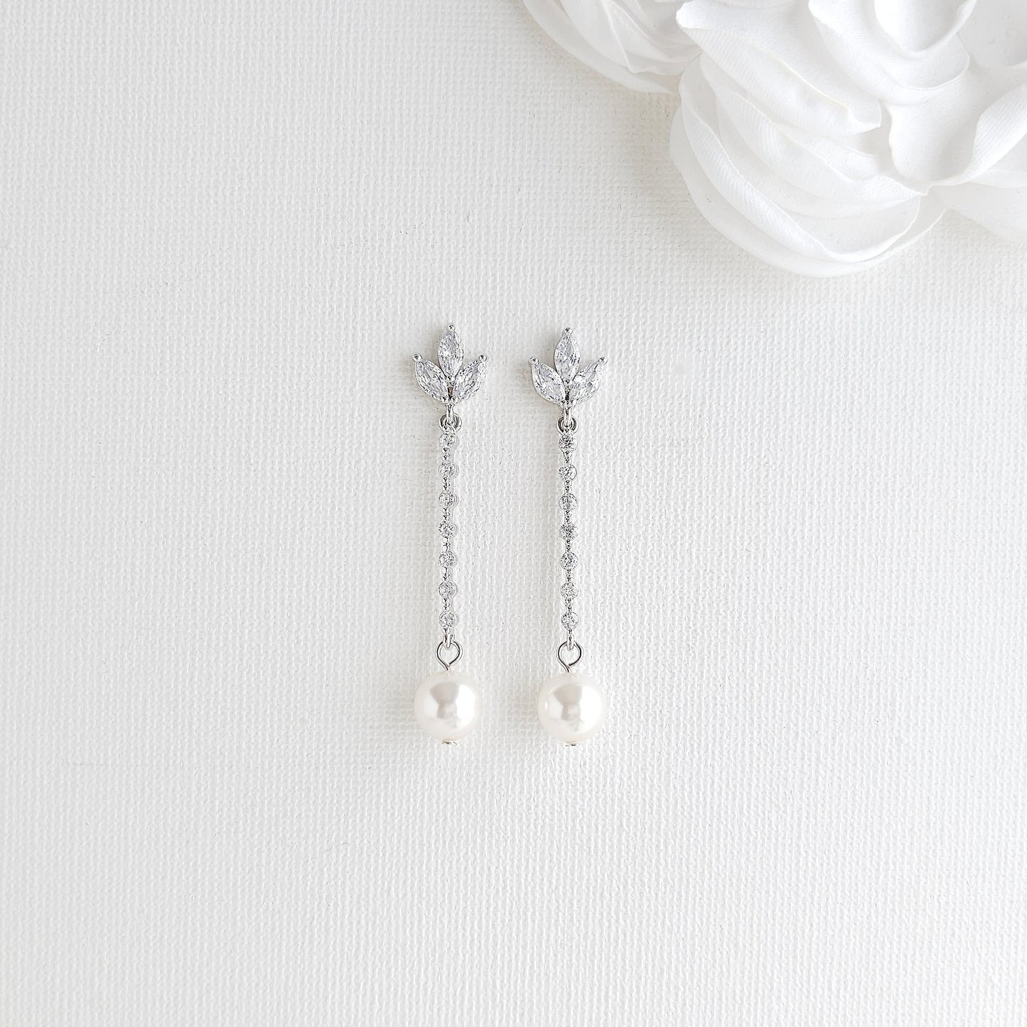 Thin Dangle Drop Pearl Earrings in Silver-Jodi
