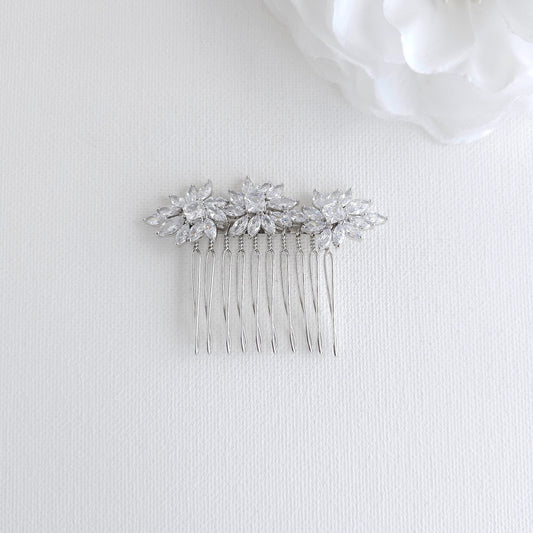 Small CZ Wedding Veil Comb | Dainty Marquise Leaf Cluster Hair Piece - Bridget