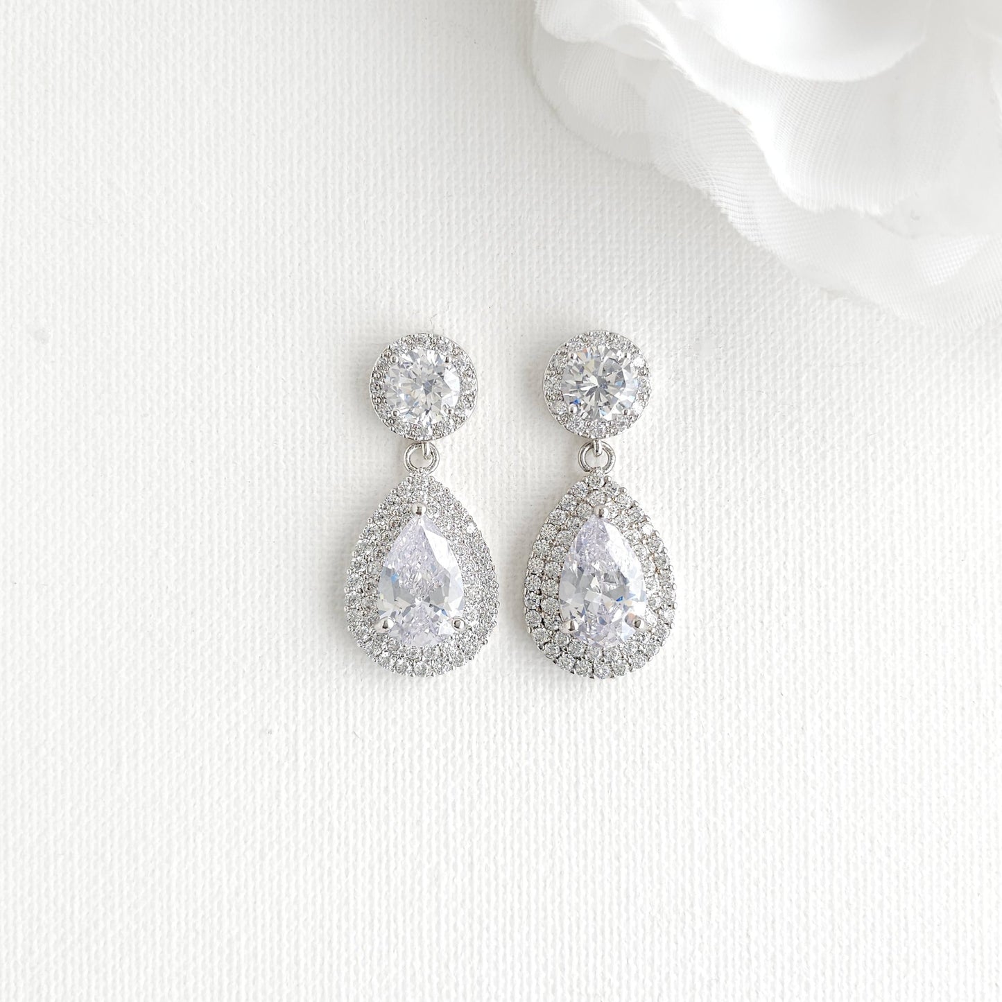 Silver Bridal Jewellery Set | Cubic Zirconia Teardrop Earrings & Halo Bracelet - Grace
