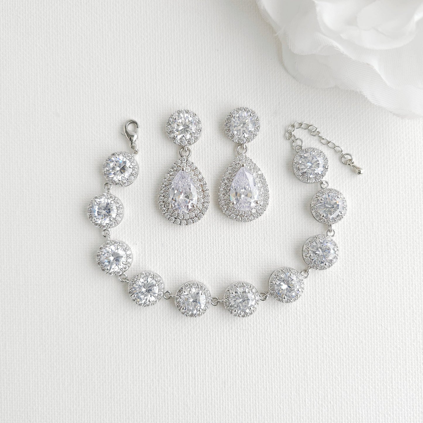 Rose Gold Bridal Jewellery Set | Vintage Teardrop Earrings & Halo Bracelet - Grace