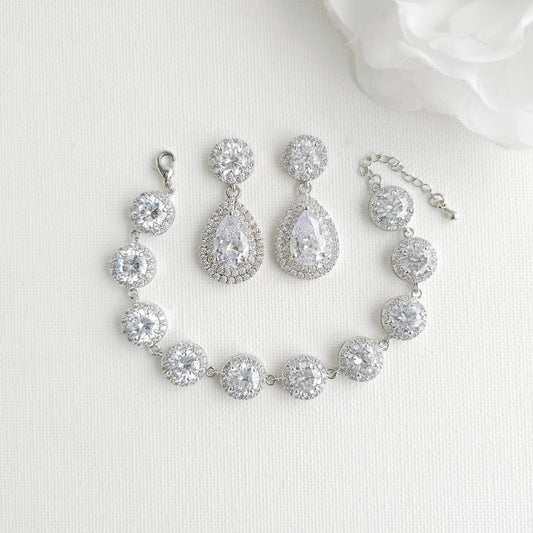Silver Bridal Jewellery Set | Cubic Zirconia Teardrop Earrings & Halo Bracelet - Grace