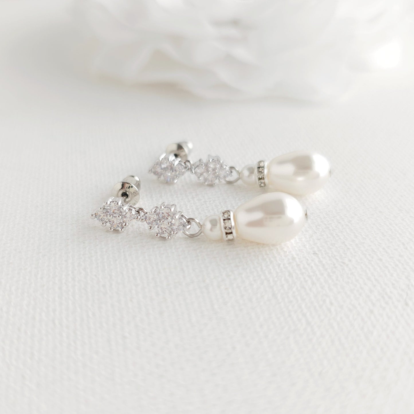 Silver Clover Crystal & Pearl Drop Earrings - Olive