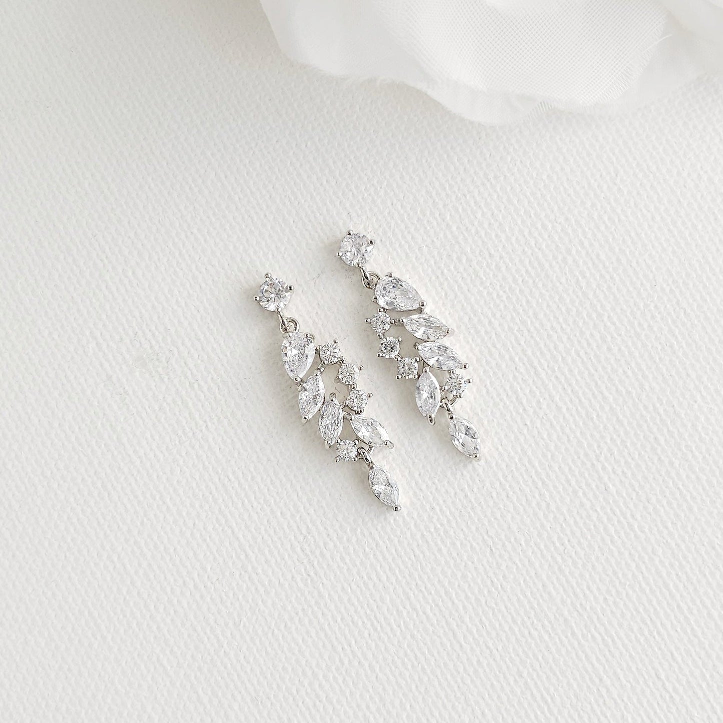 Silver Leaf Drop Earrings - Lightweight & Delicate CZ Cluster - Tia