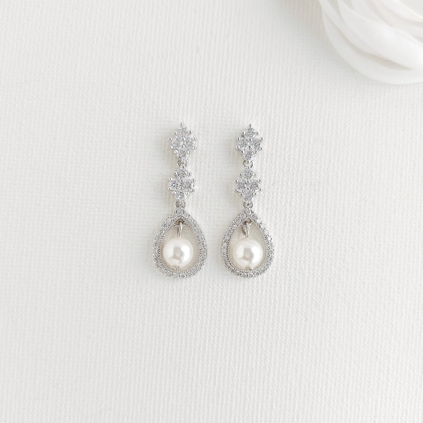 Open Teardrop Pearl Bridal Earrings in Silver - Lea