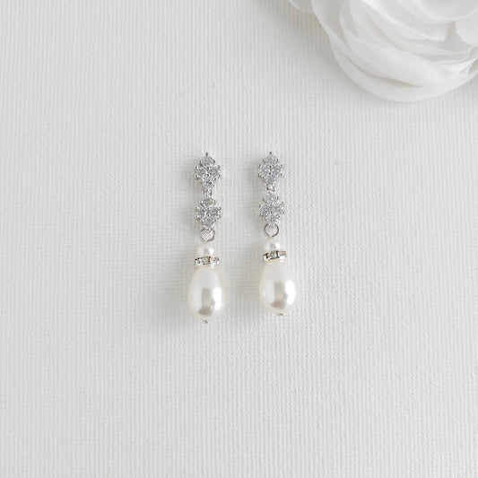 Silver Clover Crystal & Pearl Drop Earrings - Olive