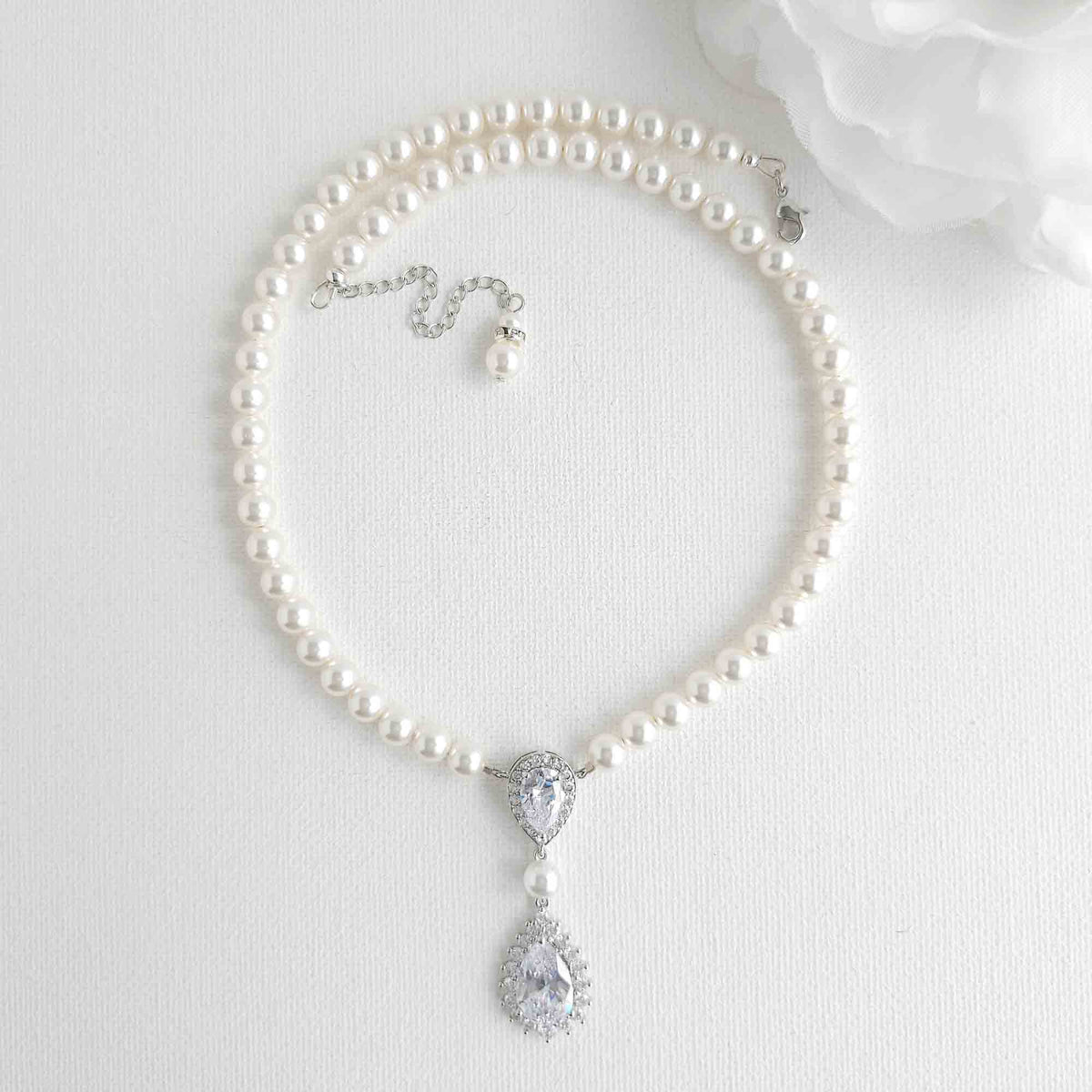 Bridal Pearl Strand and Teardrop CZ Pendant Necklace - Raya