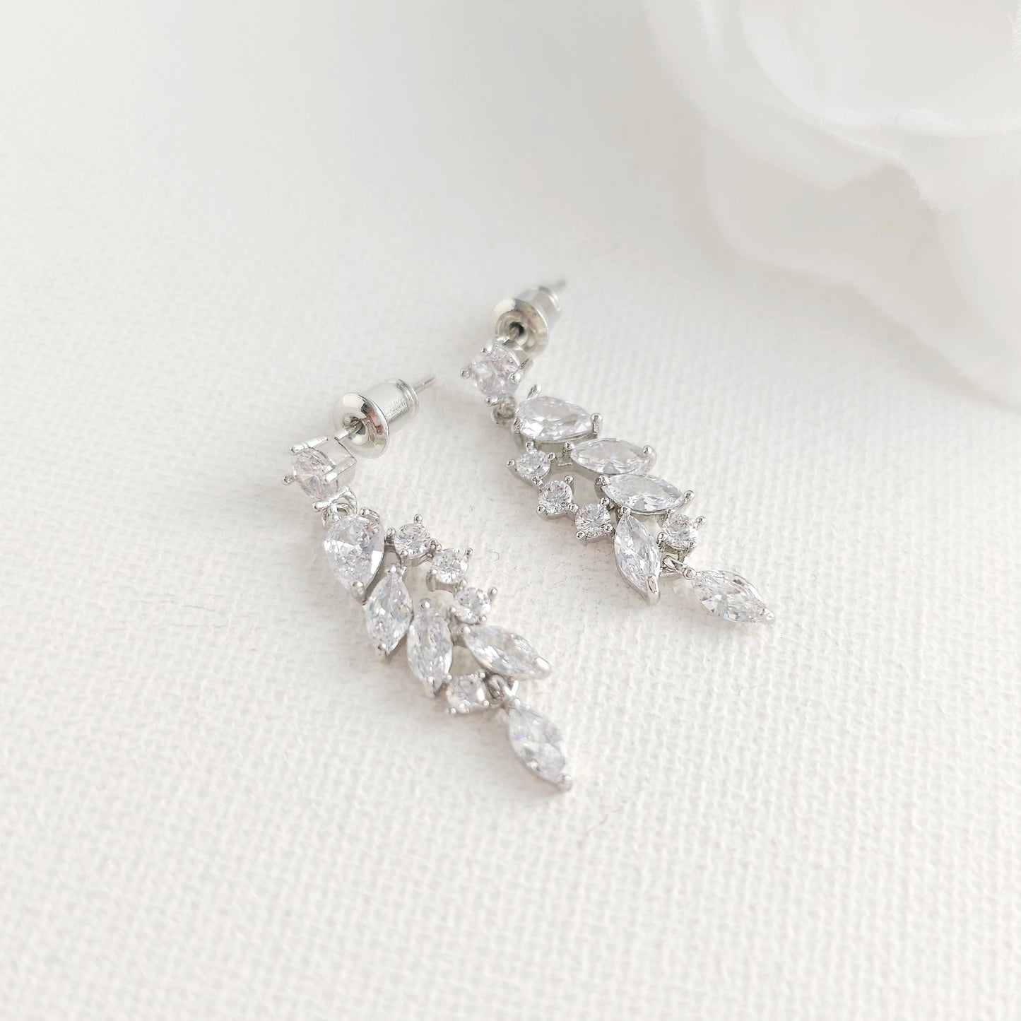 Silver Leaf Drop Earrings - Lightweight & Delicate CZ Cluster - Tia