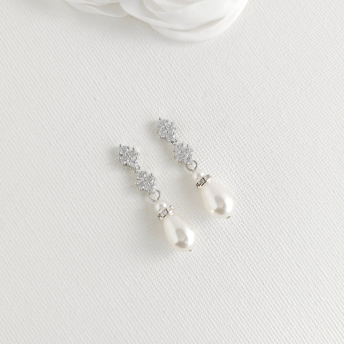 Silver Clover Crystal & Pearl Drop Earrings - Olive