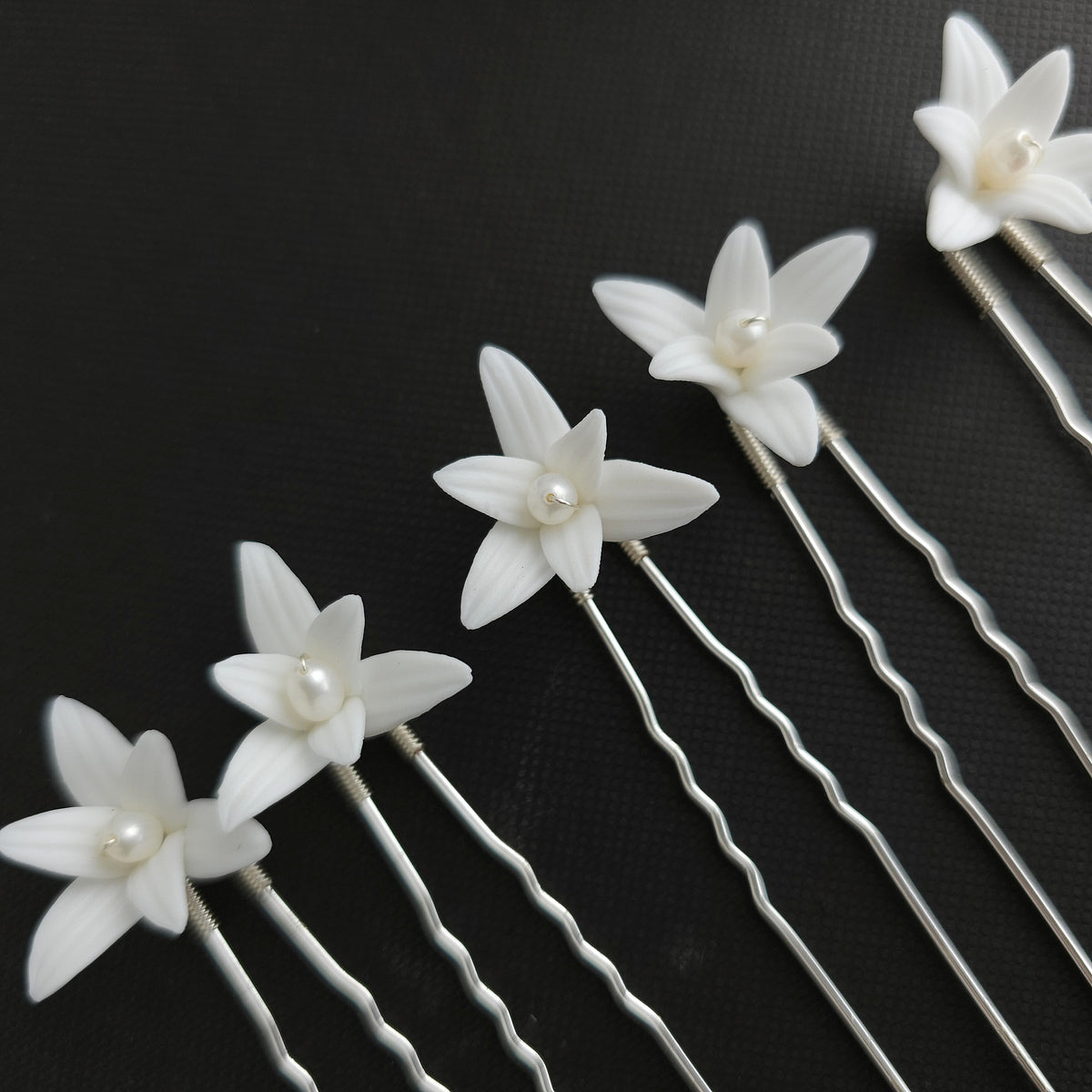 White Flower Wedding Hair Pins 5-Piece Set in Silver and Gold - Jasmine