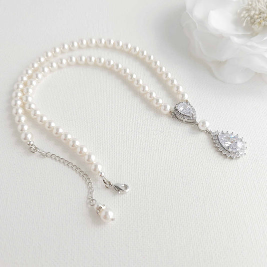 Bridal Pearl Strand and Teardrop CZ Pendant Necklace - Raya