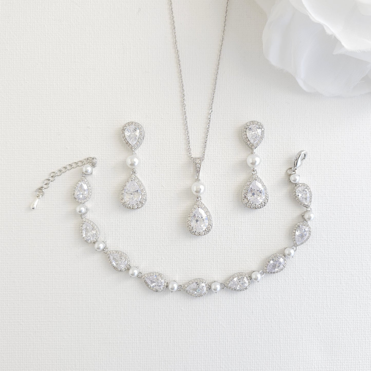 Classic Pearl & Gold CZ Teardrop Wedding Jewellery Set- Emma