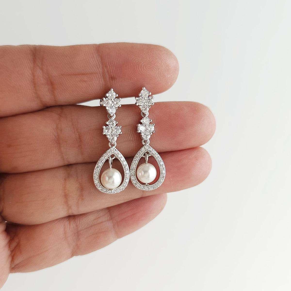 Open Teardrop Pearl Bridal Earrings in Silver - Lea