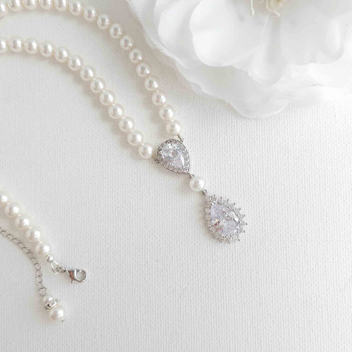 Bridal Pearl Strand and Teardrop CZ Pendant Necklace - Raya