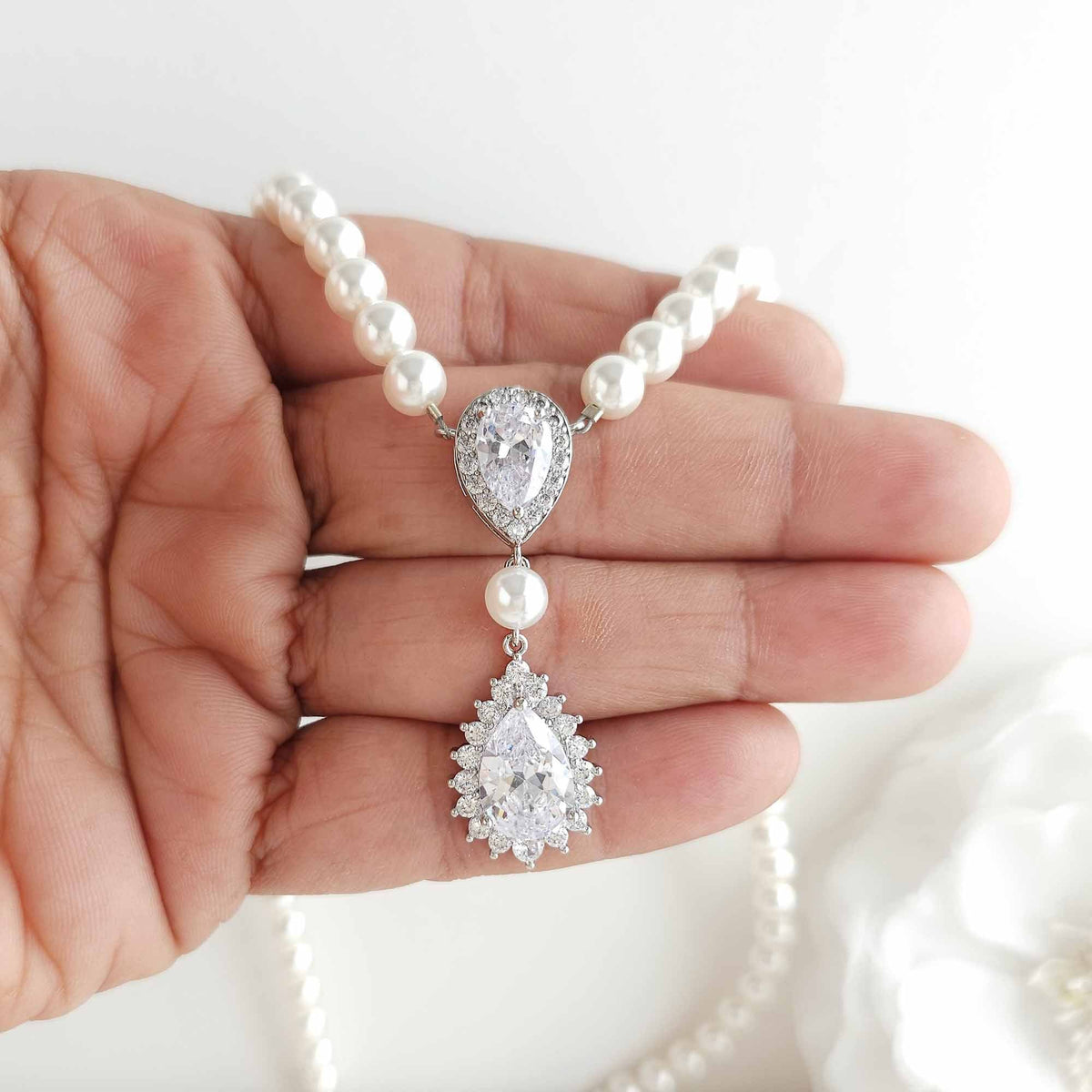 Bridal Pearl Strand and Teardrop CZ Pendant Necklace - Raya