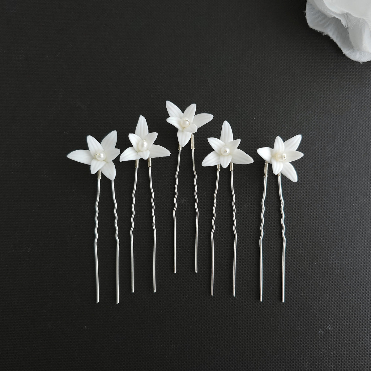 White Flower Wedding Hair Pins 5-Piece Set in Silver and Gold - Jasmine