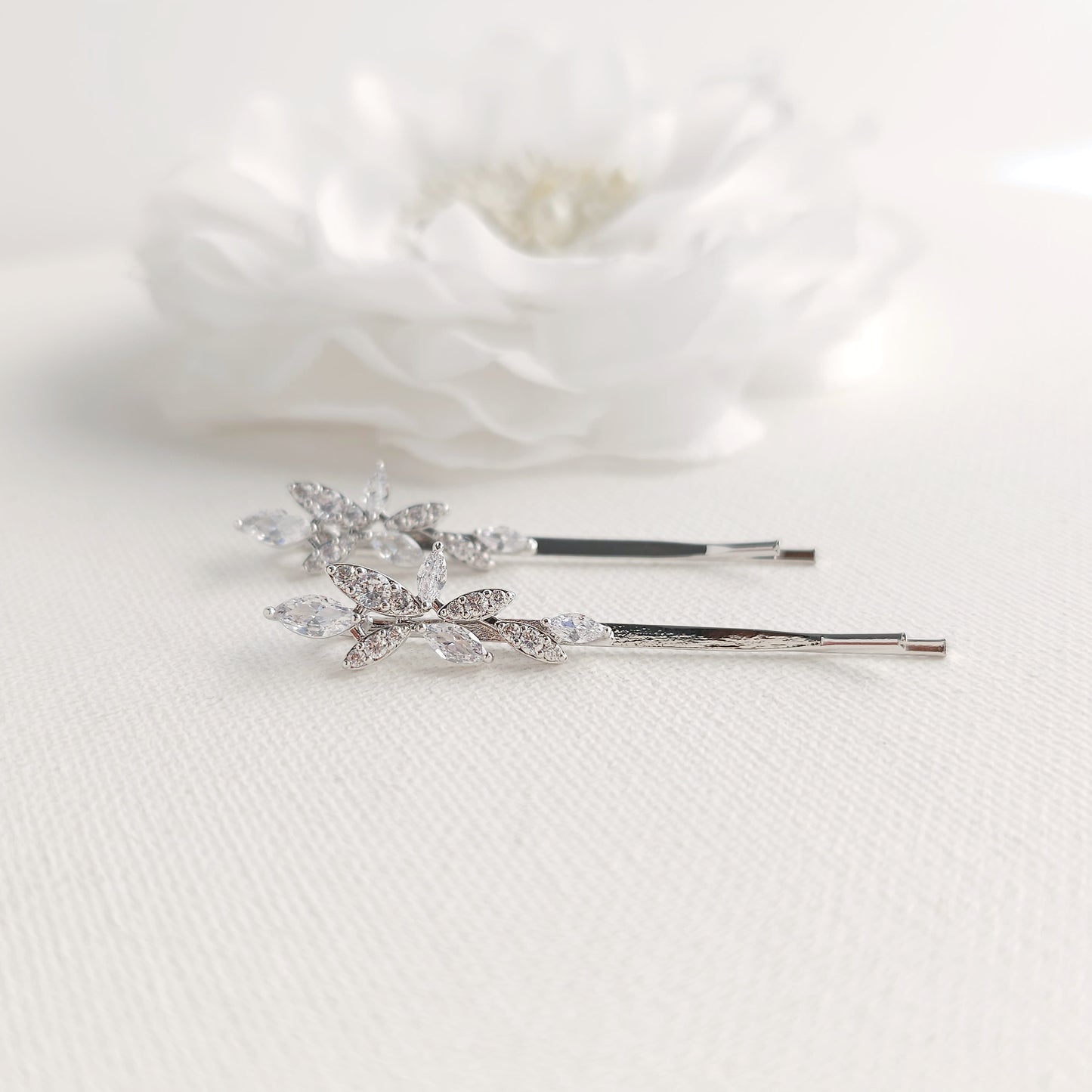 Rose Gold Leaf Bridal Hair Pin Set | Marquise CZ Slide for Bridesmaids & Flower Girls - Thea