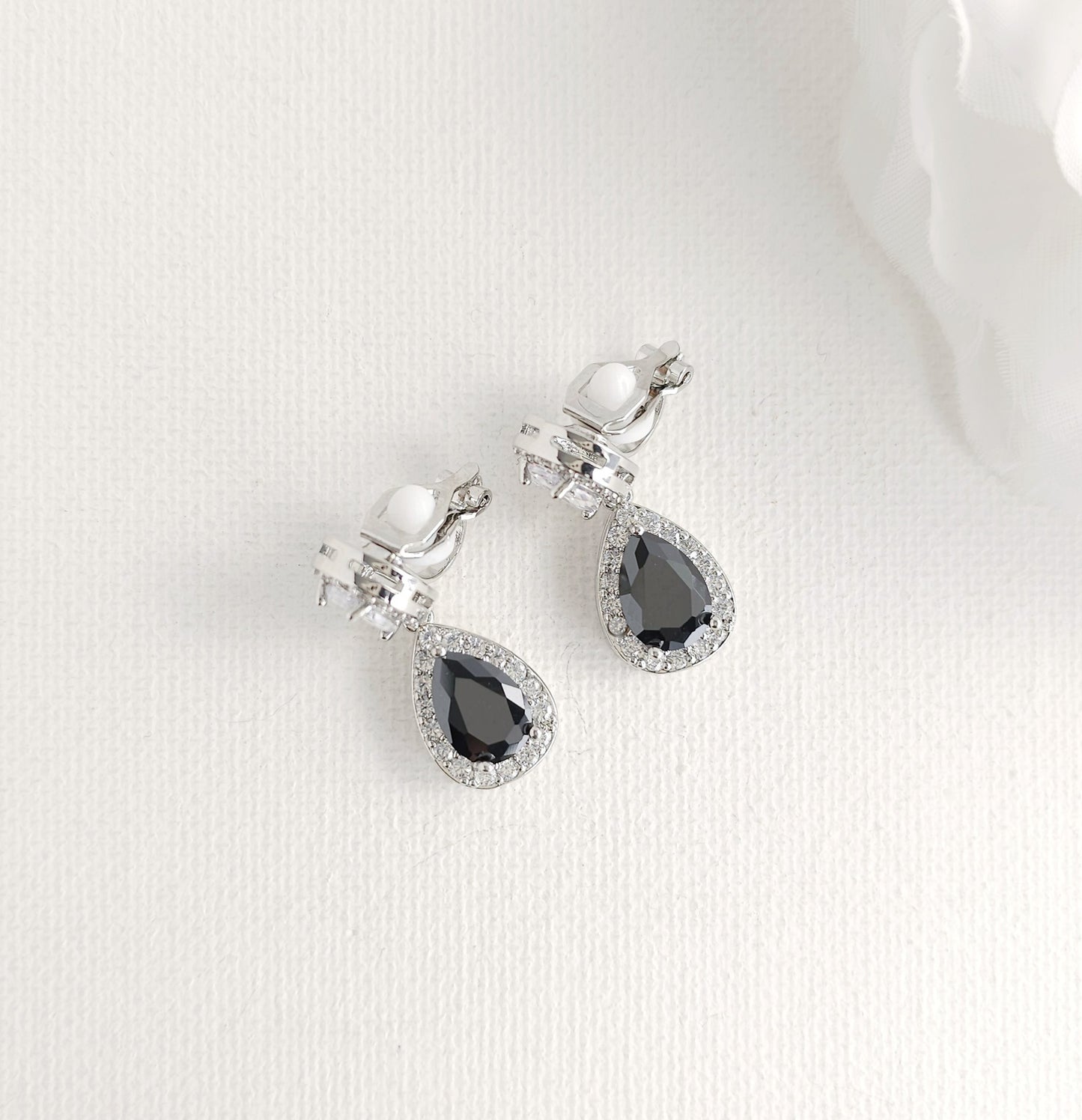 Black CZ & Silver Clip On Drop Earrings for Women: The Formal & Wedding Elegance-Zoe