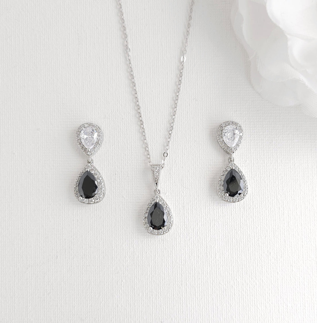 Rose Gold and Black Drop Jewellery Set | Necklace, Earrings & Bracelet for Weddings and Evening Wear - Zoe