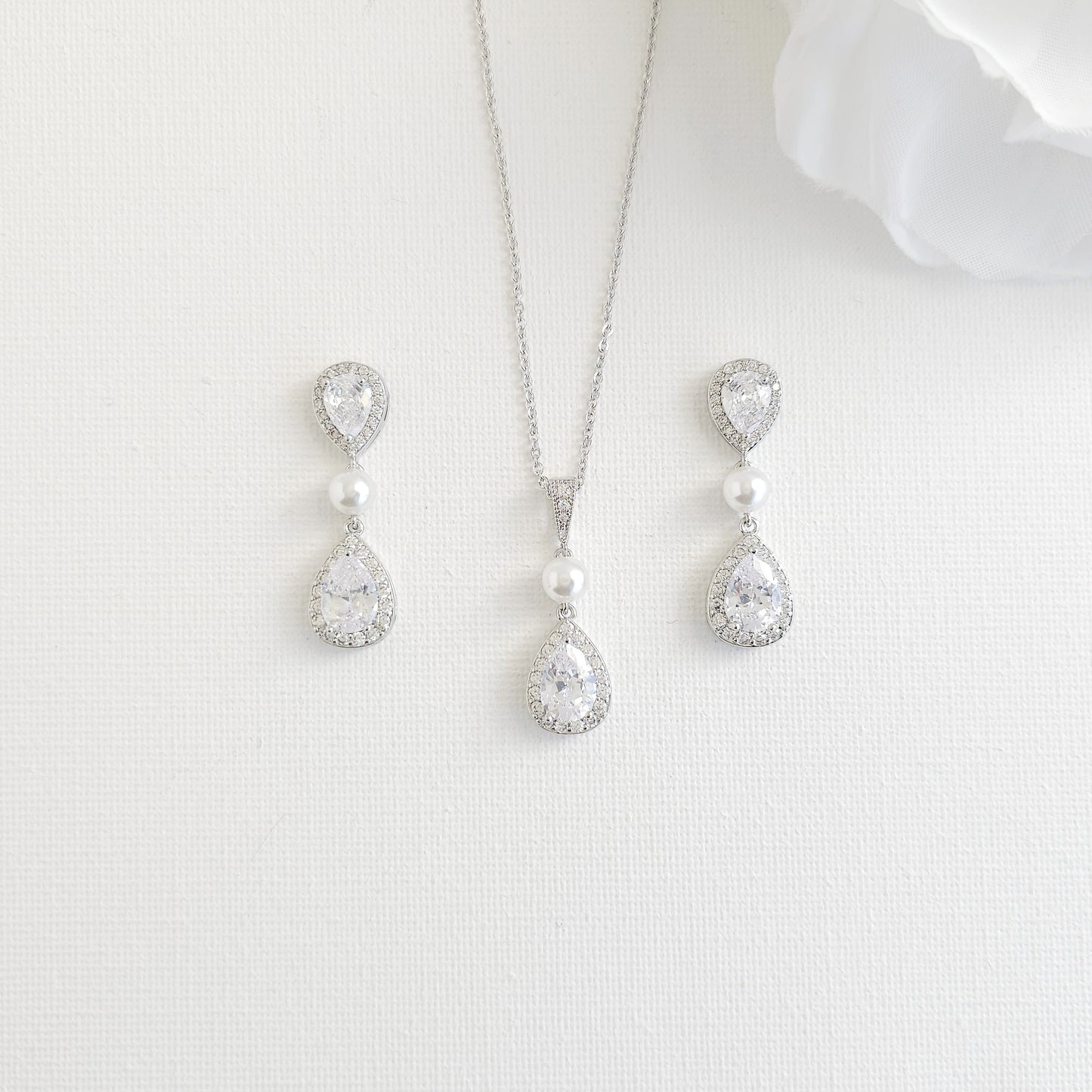 Classic Pearl & Gold CZ Teardrop Wedding Jewellery Set- Emma