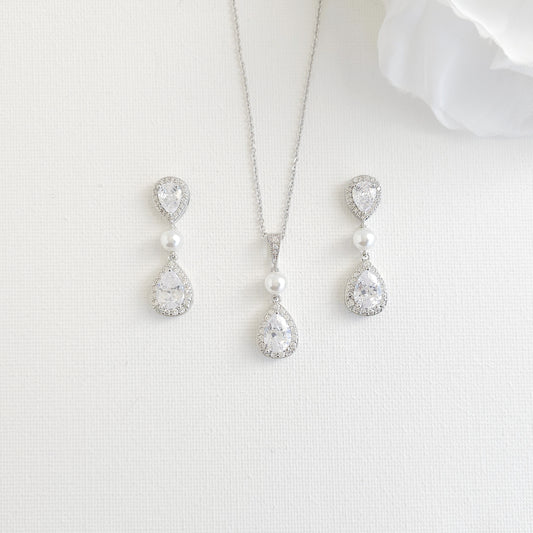 Dainty Teardrop Pearl & CZ Jewellery Set - Emma