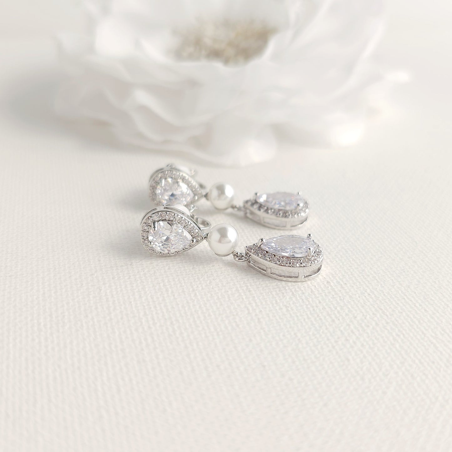 Gold Clip On Earrings with CZ Teardrops and Ivory Pearls- Emma
