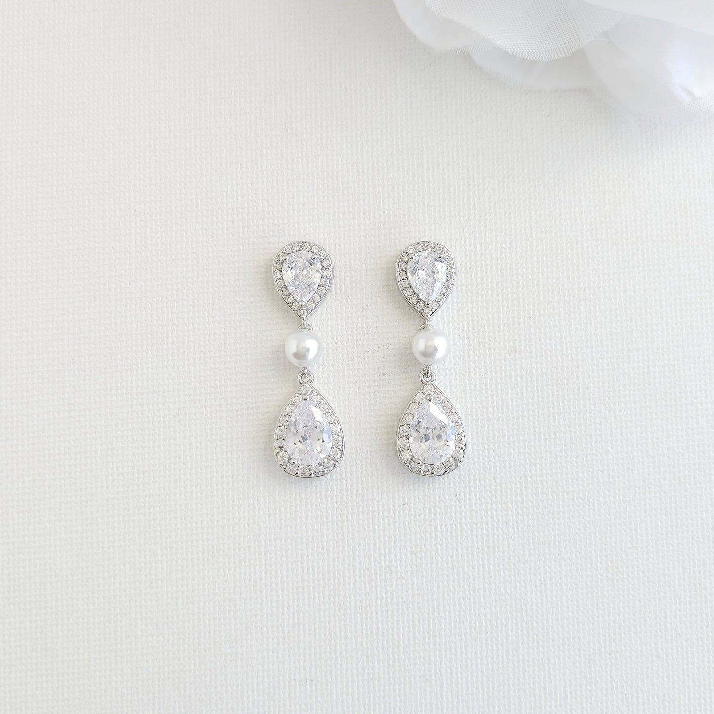 Teardrop Bridal Earrings: Rhodium-Plated Pearl & Cubic Zirconia -Emma