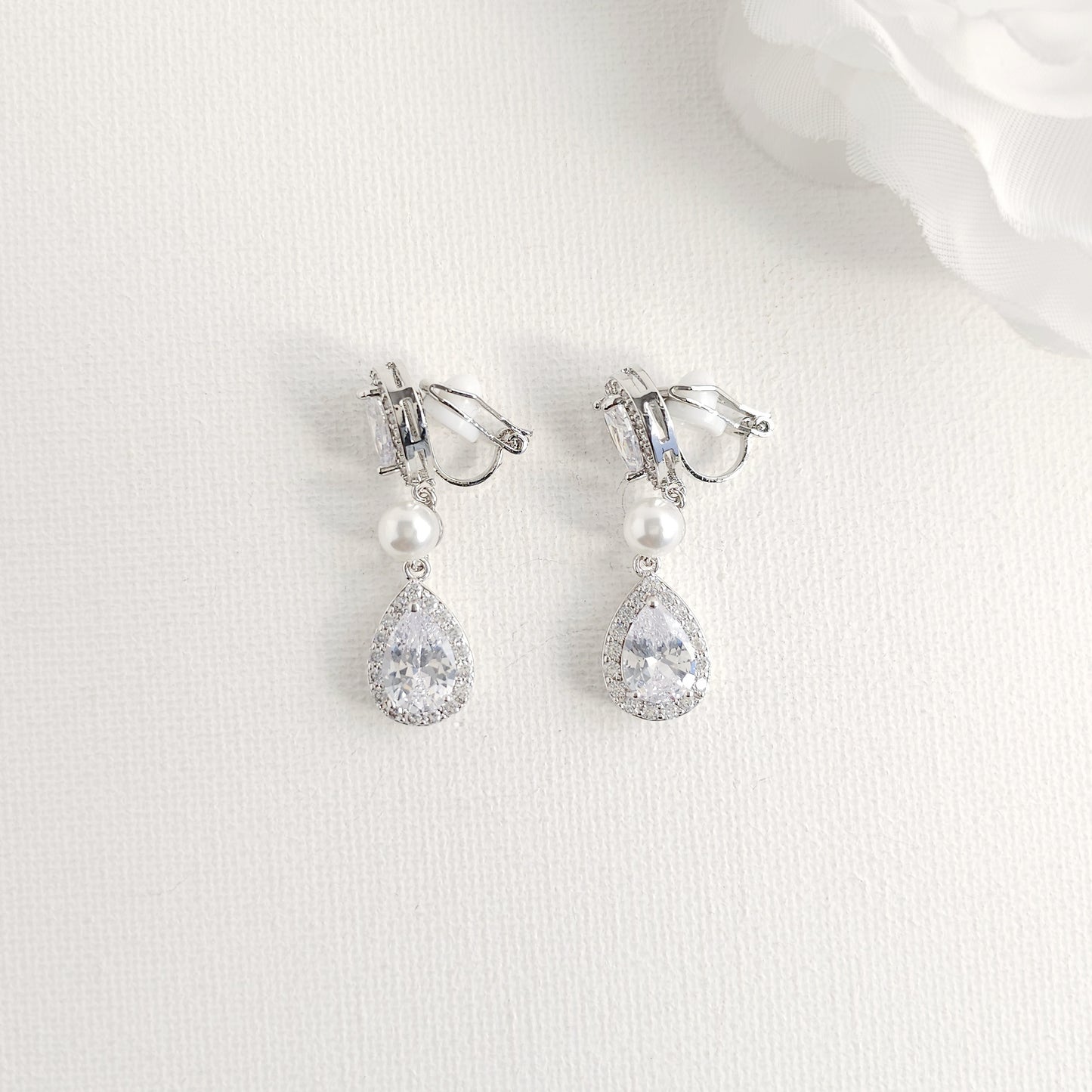 Gold Clip On Earrings with CZ Teardrops and Ivory Pearls- Emma