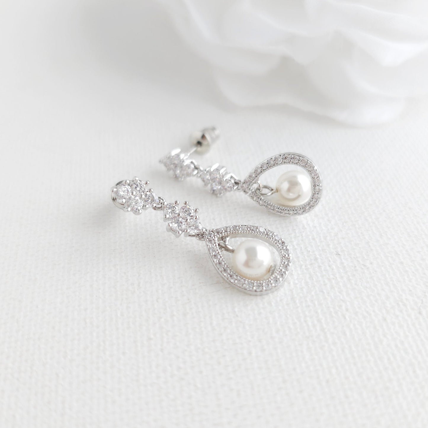 Open Teardrop Pearl Bridal Earrings in Silver - Lea
