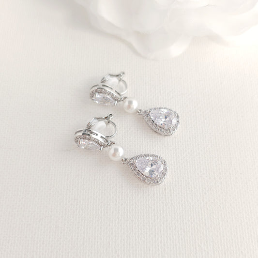 Silver Clip-On Earrings with CZ Teardrops and Ivory Pearls- Emma