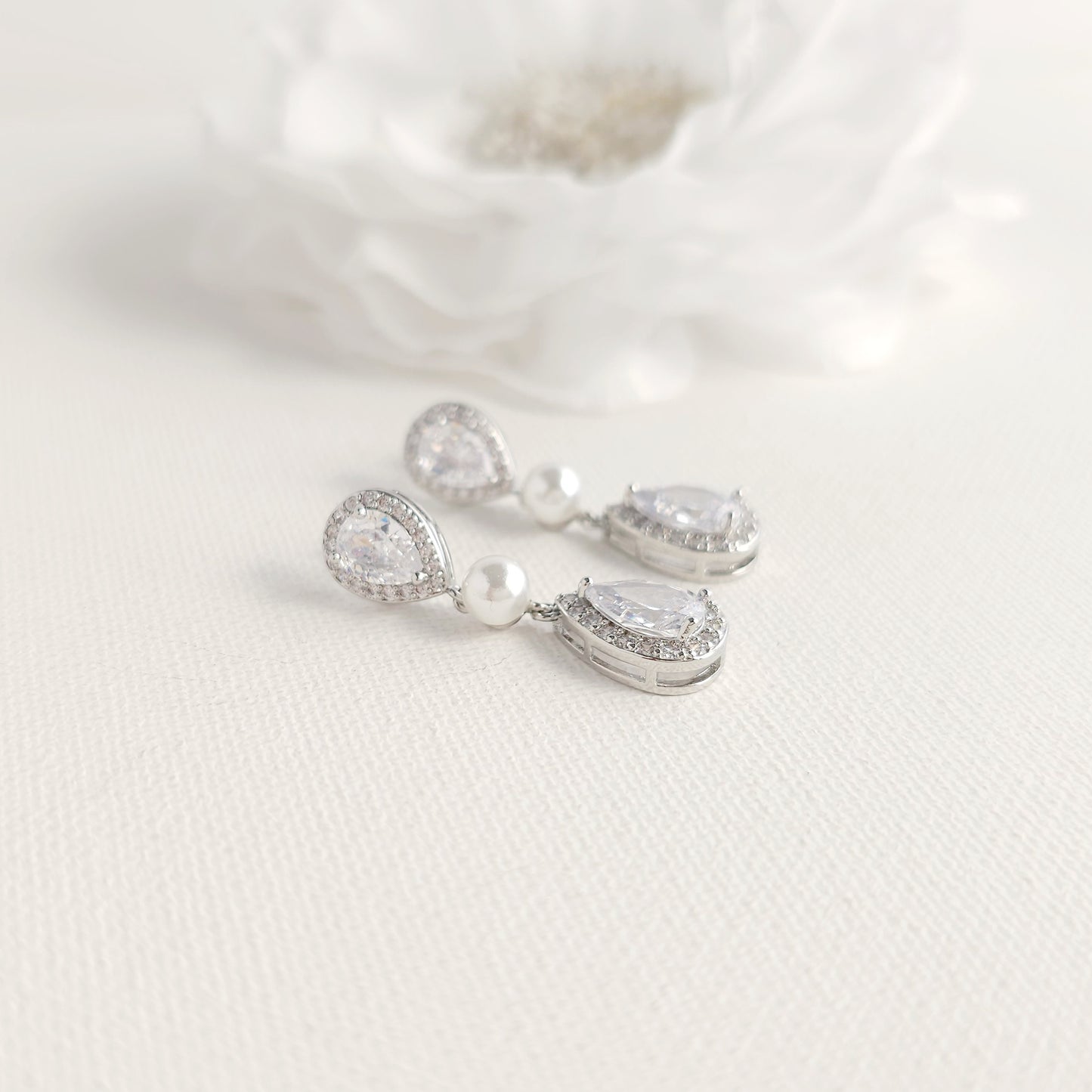 Rose Gold Bridal Teardrop Earrings with Pearl & Cubic Zirconia - Emma