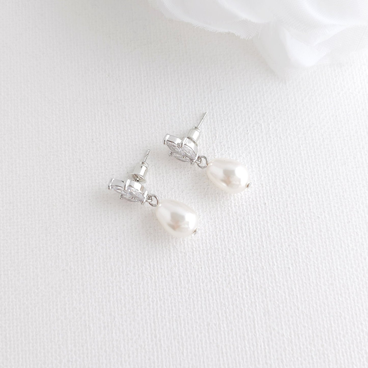 Dainty Gold CZ Leaf Teardrop Pearl Earrings for Weddings- Vera