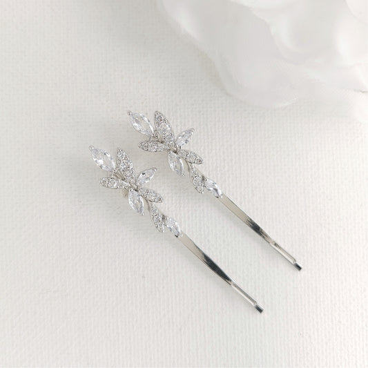 Sleek Leaf Bridal Hair Pin Set | CZ Bobby Pins for Brides & Wedding Party- Thea