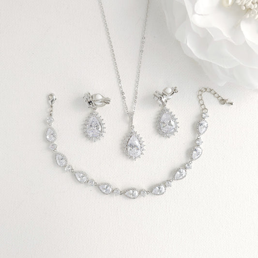 Clear CZ Teardrop Jewellery Set with Clip On Earrings - Raya