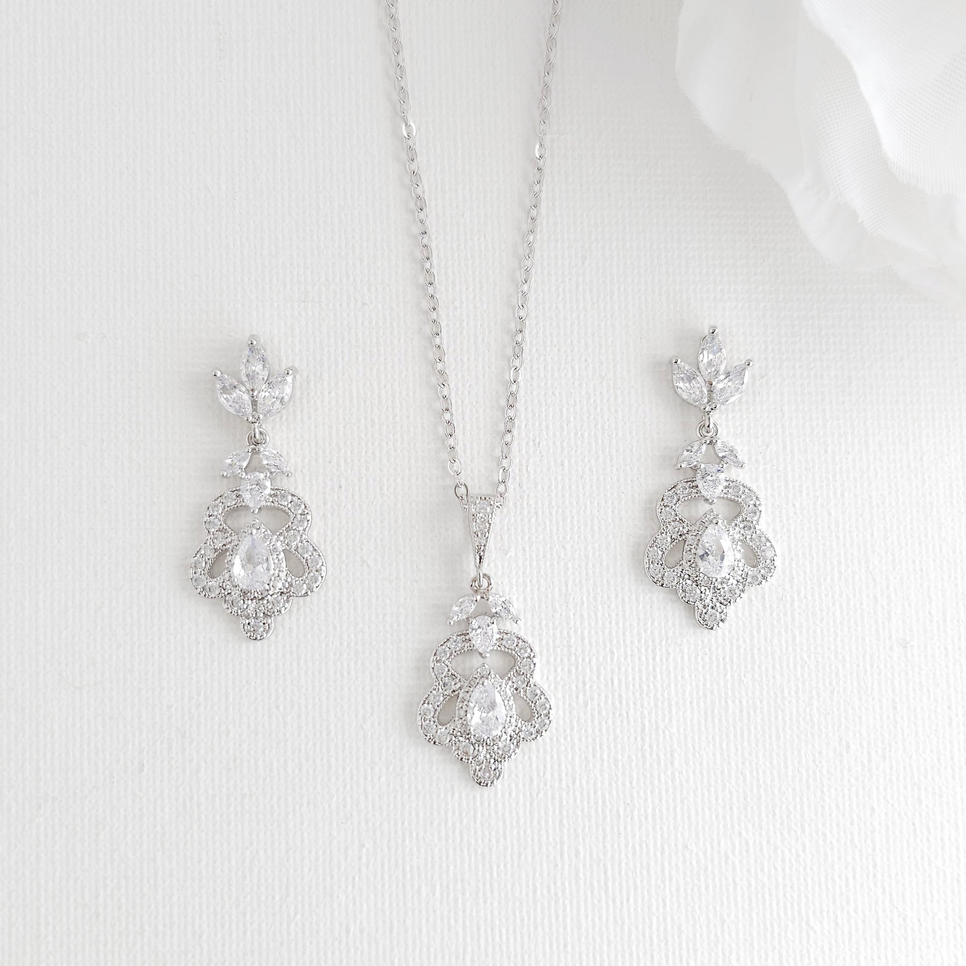 Vintage Inspired Bridal Jewelry Set CZ Earrings Necklace for