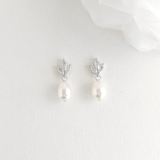 Dainty Teardrop Pearl Earrings with Delicate Leaf-Top for Brides (Silver CZ)- Vera