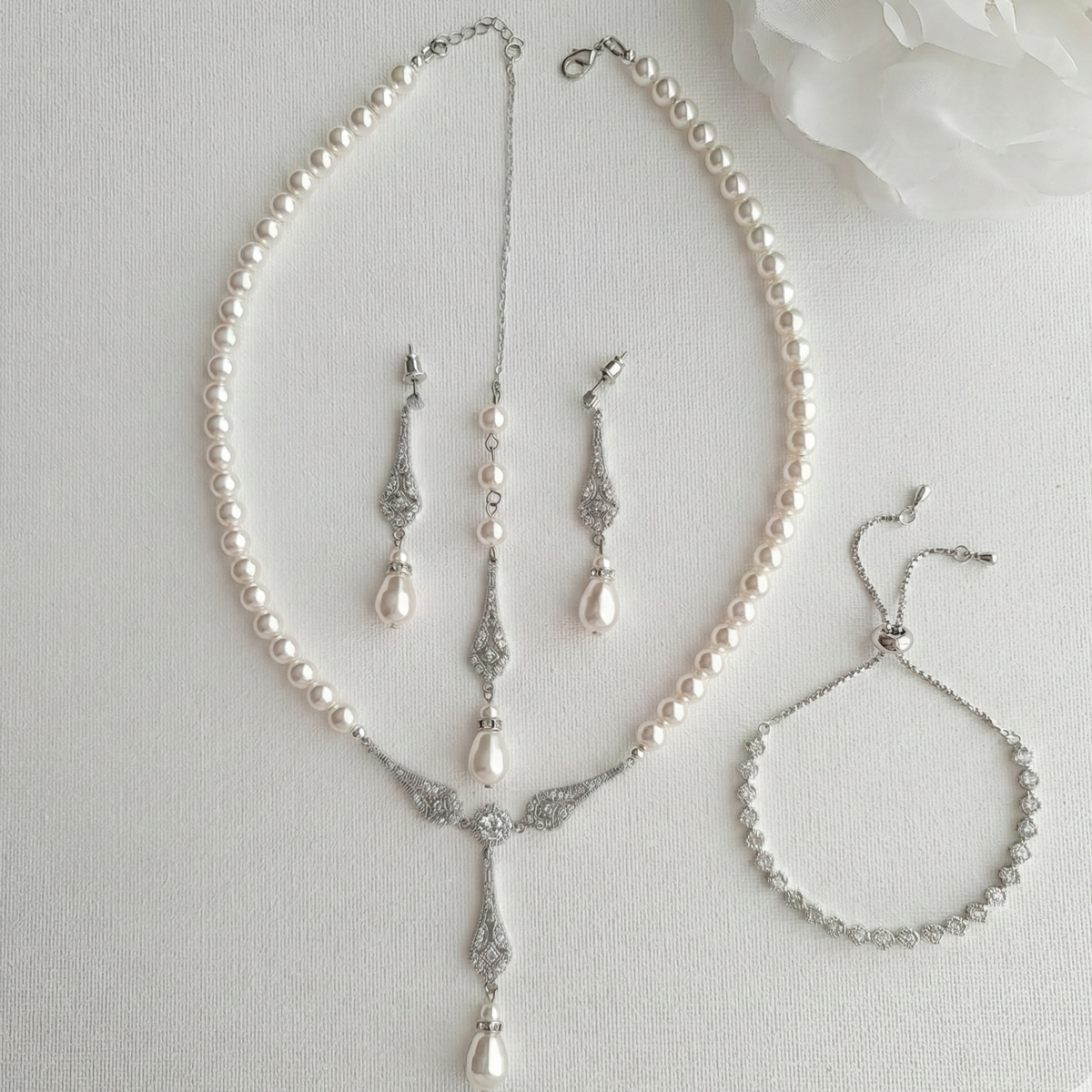 Rose Gold Pearl Wedding Jewellery Set (3-Piece Earrings Necklace Bracelet) – Lisa