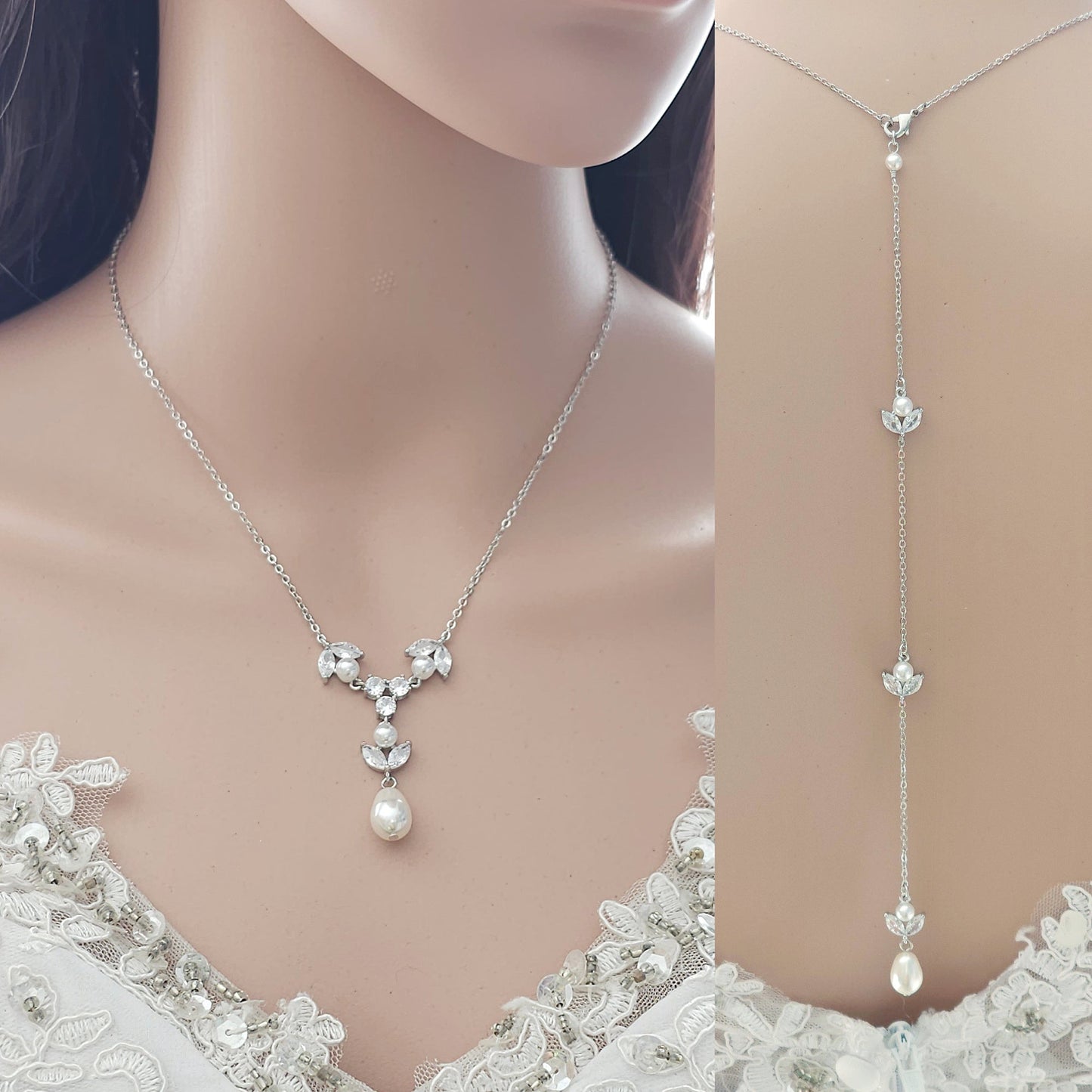 Simple Bridal Jewellery Set-3 Pcs- Silver & Pearl- Leila