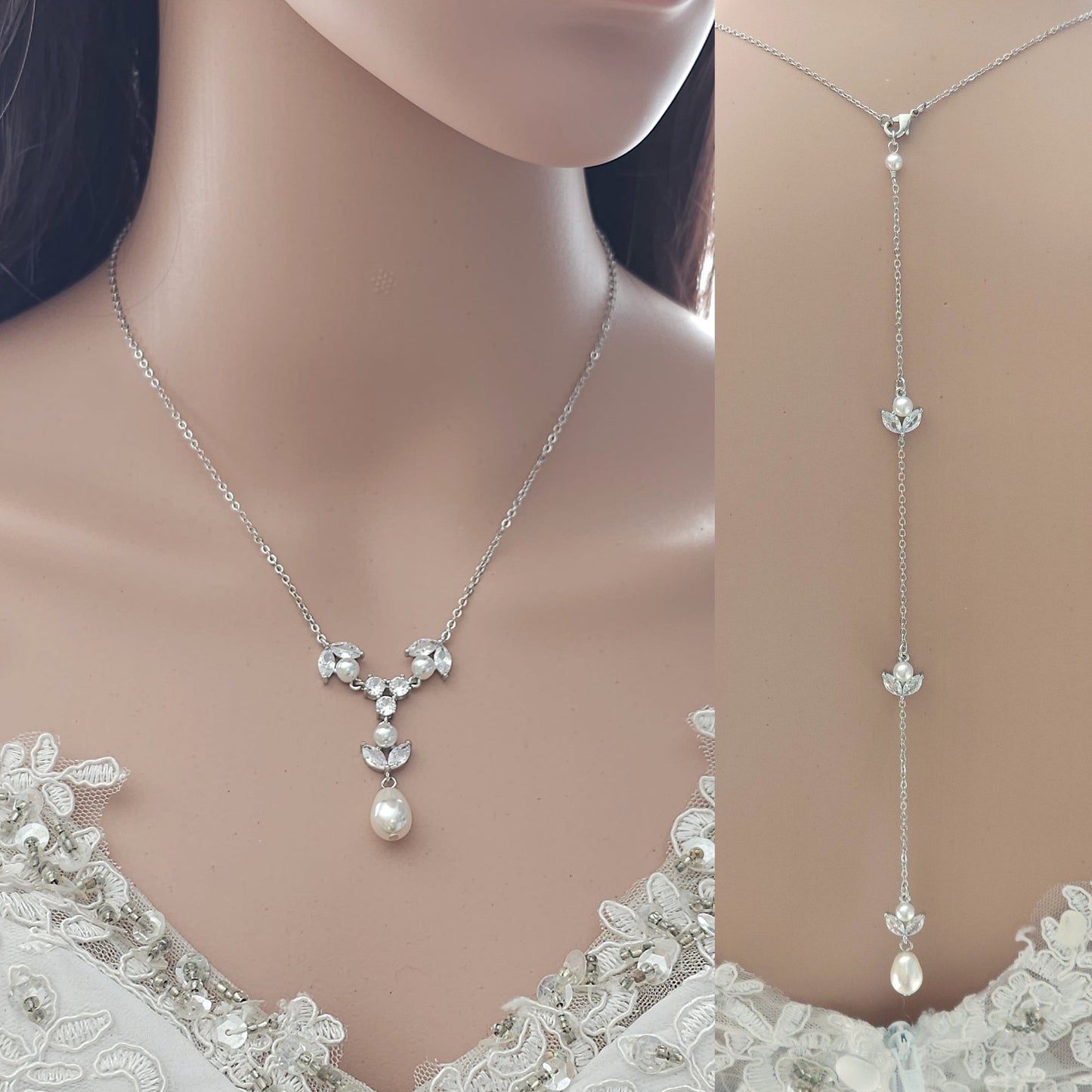 Simple Bridal Jewellery Set-3 Pcs- Silver & Pearl- Leila